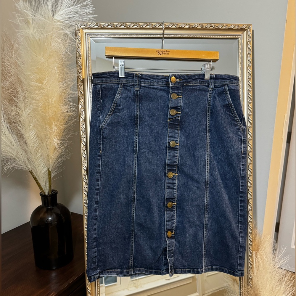CJ Banks Dark Wash Denim Jean Skirt with Bronze Button Detail - Size 14